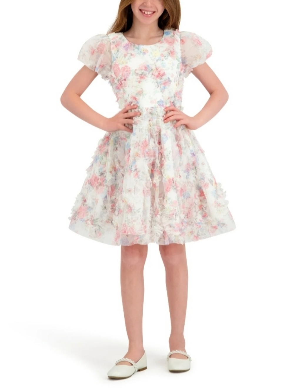 KENSIE GIRL Short Sleeves Floral Print Ruffle Organza Party Dress